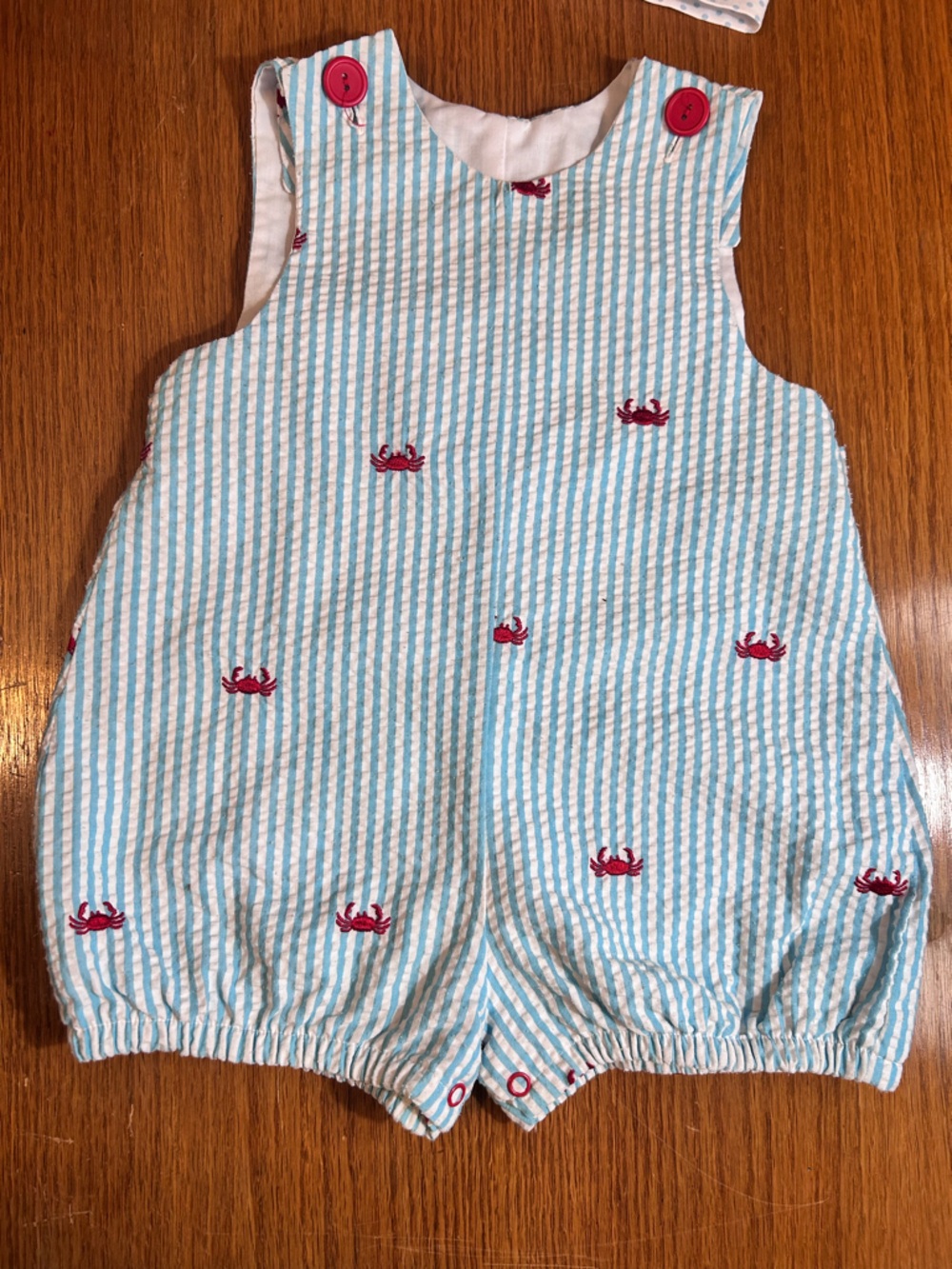 Kelly's Kids Blue and White seersucker  bubble with Red crab Detail